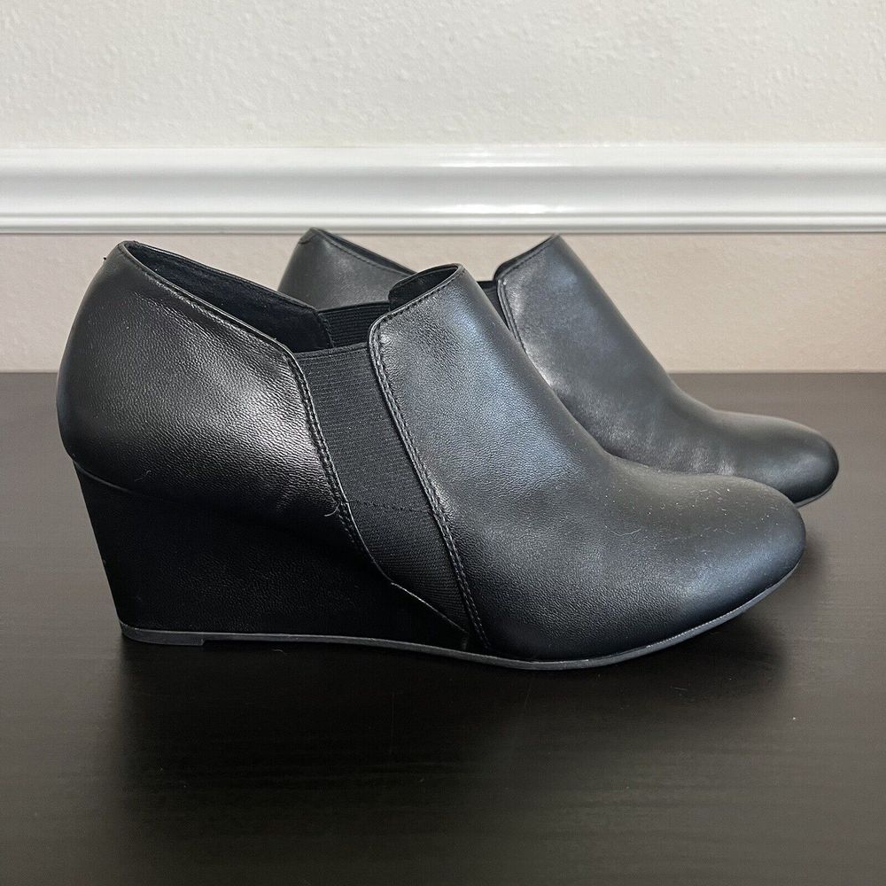 Vionic Boots Women's 10 Black Leather Gore Stanton‎ Wedge Ankle Booties Comfort